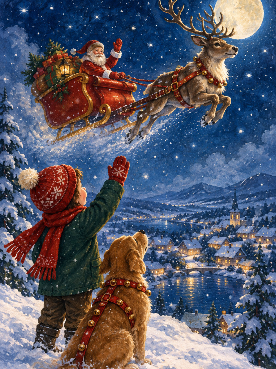 Santa’s sleigh flying over the village with Comet aboard